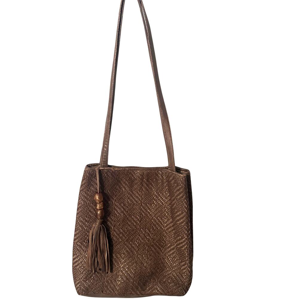 Sharif Vintage Woven Leather Bag Taupe Fringe Tassel Purse Boho 90s Y2K